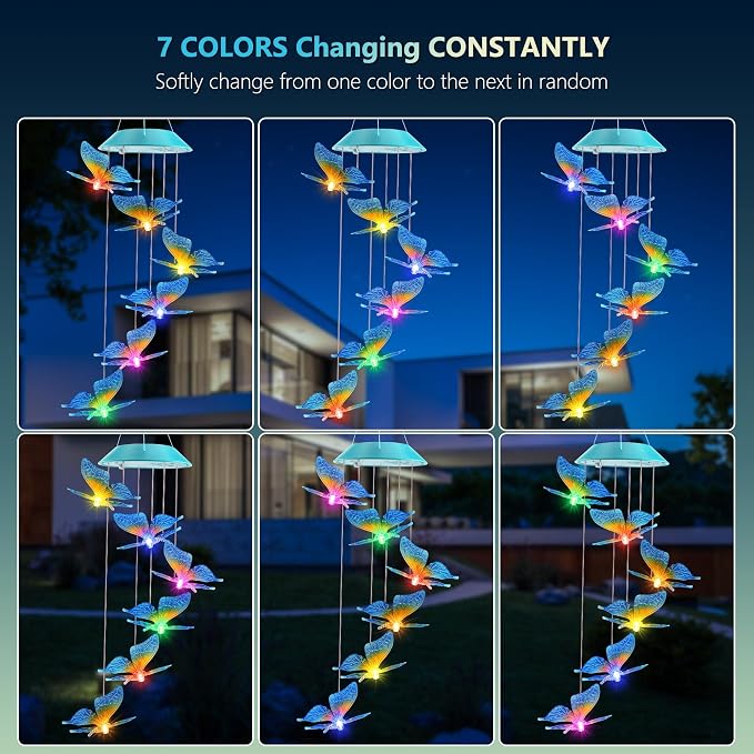 Solar Butterfly Gift for Mom Girls, Color Changing Wind Chimes for Outside, Solar Outdoor Decorative Mobile Lights for Garden, Yard, Patio, Window, Christmas Decorations, Gift for Women