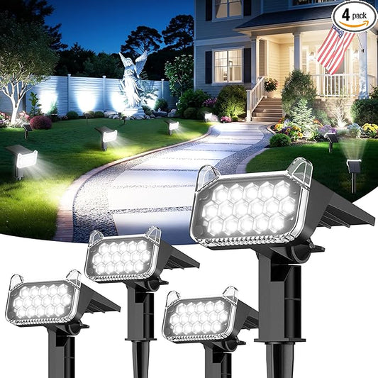 Solar Spot Lights Outdoor Waterproof IP65, Super Bright LEDs with Lens, 6500K 2 Lighting Modes, 2 in 1 Auto On/Off Solar Powered Spotlights for Outside Landscape Holiday Decor, 4 Pack