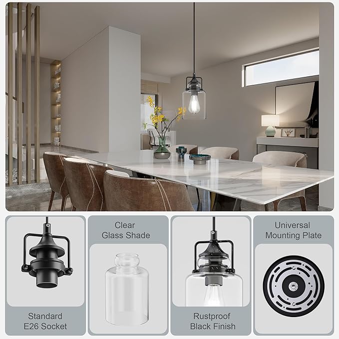 hansang 3 Pack Pendant Lights for Kitchen Island, Modern Black Hanging Light Fixture, 47Inches Island Lights, Adjustable Rope, Farmhouse Clear Glass, E26 Base, Bulbs Not Included