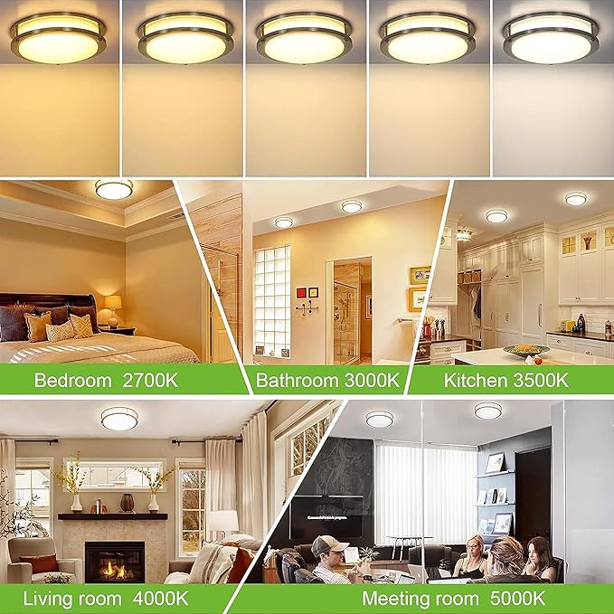 hykolity 13 inch Flush Mount LED Ceiling Light Fixture, 2700K/3000K/3500K/4000K/5000K Adjustable Ceiling Lights, Brushed Nickel Saturn Dimmable Lighting for Bathroom or Kitchen, ETL Listed - 2 Pack