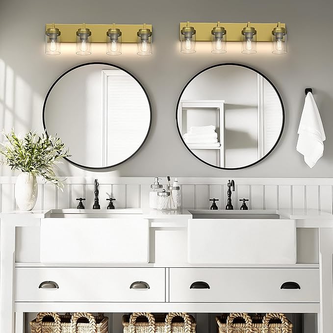 Espird Bathroom Lighting Fixtures, 4-Light Bathroom Vanity Lights Over Mirror, Brass Vanity Light with Glass Shade, Modern Vanity Lighting Fixtures for Bedroom, Hallway
