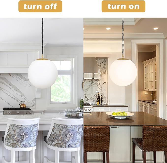 KoKo&Yukina 14" Gold Globe Pendant Light Mid Century Pendant Light Milk Glass Pendant Lights Kitchen Island Adjustable Hanging Light Fixture for Dining Room Bedroom Kitchen Islan