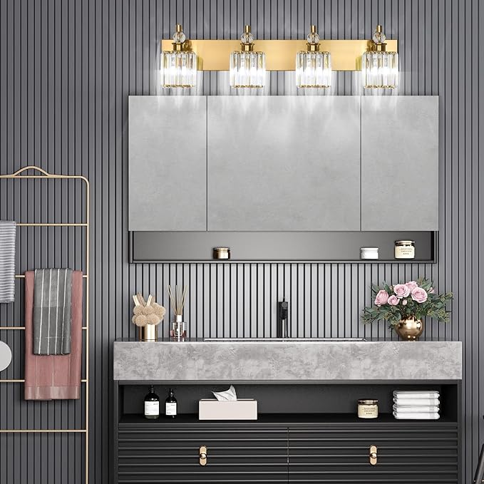 Ralbay Crystal Vanity Lights 4-Lights 31.5''Gold Bathroom Lighting Fixtures Over Mirror Modern Crystal Gold Bathroom Vanity Lights