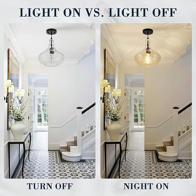 Black Glass Pendant Light Hand-Blown Hammered Glass Shade 11inch Large Modern Pendant Lighting Fixtures for Kitchen Island 1 Light Ceiling Hanging Light for Kitchen Sink Dining Room Hallway, UL Listed