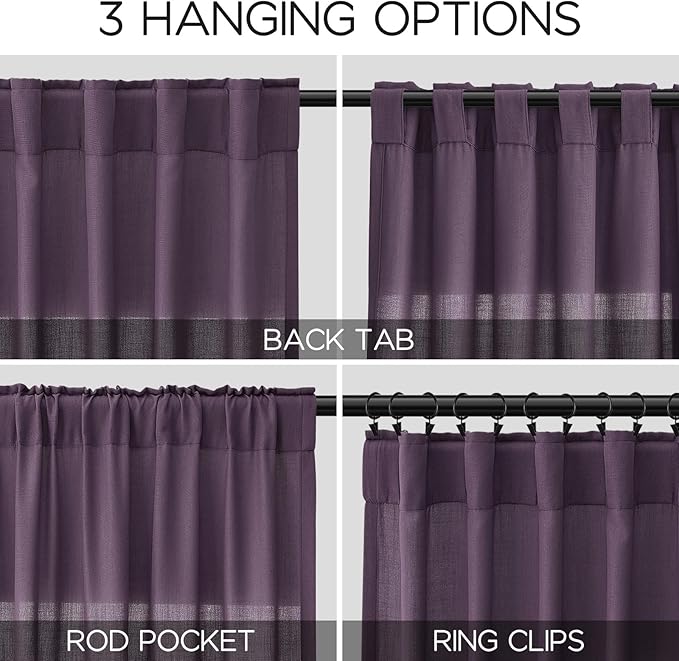 Plum Linen Curtains 108 Inches Long for Living Room 2 Panels Set Extra Long Back Tab Curtain Semi Sheer Light Filtering Plum Drapes Floor to Ceiling Curtains for Large Windows 52x108