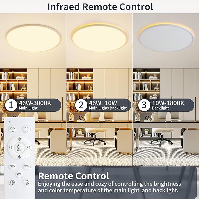 23 Inch Flush Mount Ceiling Light with Night Light, 54W 5400LM, Dimmable LED Ceiling Lights Fixture with Remote Control, 3000K/4000K/6500K Selectable, Slim Bright Bedroom Light Fixture, Round White