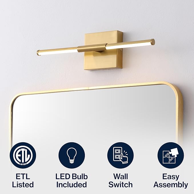 JONATHAN Y 16.25" Brass Gold Modern Dimmable Integrated LED Wall Sconce, Minimalist Adjustable Metal Vanity Light for Bathroom Mirror, Bedroom, Hallway, 3000K, ETL Listed (JYL7039B)