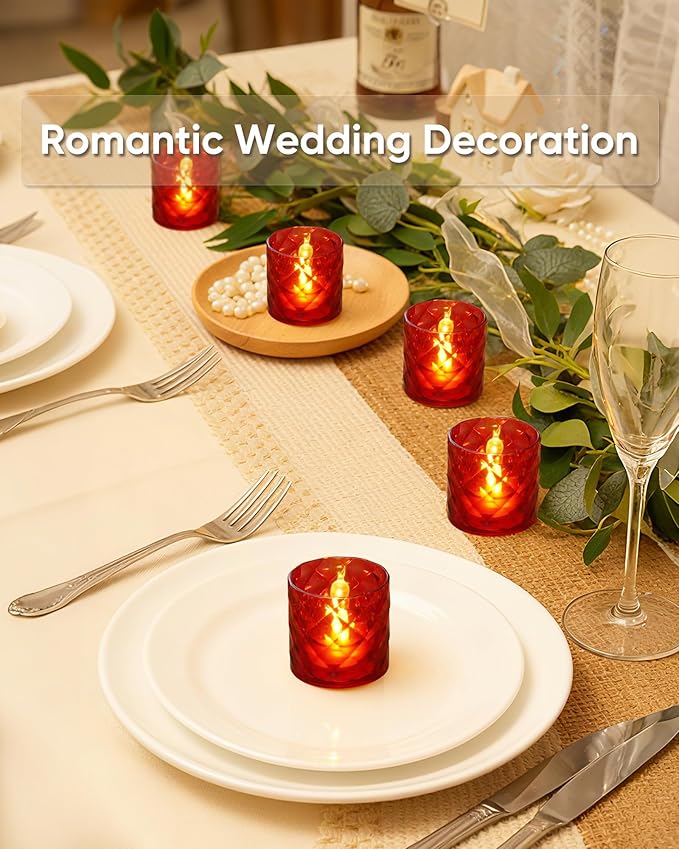 Homemory 2" x 2" Acrylic Votive Candle Holders with Auto Timer Flameless Led Tealight, Battery Powered Fake Electric Candles for Wedding Centerpiece, Table, Christmas Decor (6Pack, Red Base)