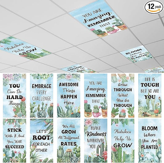 Capoda 12 Pcs Fluorescent Light Covers for Ceiling Lights 4 x 2 Ft Magnetic Cactus Light Covers Positive Fluorescent Ceiling Shade Filters for Classroom Home Hospital Office Cubicle Party Decor