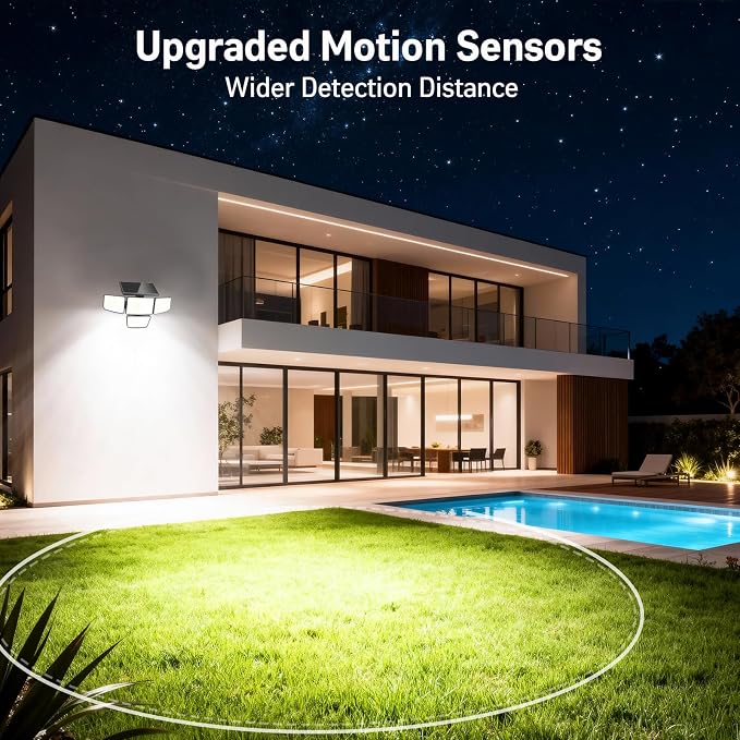 Solar Security Outdoor Lights-3000LM 4 Heads Solar Flood Lights with Motion Sensor, IP65 Waterproof Security Lights with Remote, 270° Wide Angle Flood Wall Lights with 3 Modes for Home Outside, 2 Pack
