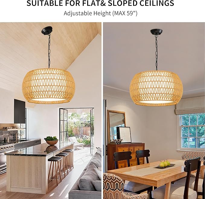 Farmhouse Chandelier Light Fixture,Rattan Boho Chandeliers for Dining Room,Large Pendant Lights Kitchen Island Hanging Light Fixtures Wicker Chandeliers for Bedroom Living Room Kitchen Nursery