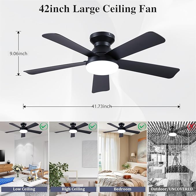 42 Inch Ceiling Fans with Lights and Remote Control, Indoor/Outdoor Flush Mount Low Profile Commercial Reversible Dimmable Ceiling Fans for Living Room Patio Industrial Shop, Black