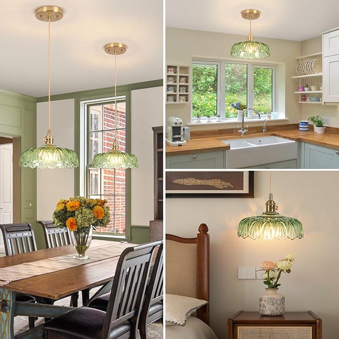 Pendant Lights Kitchen Island,Green Glass Pendant Light Vintage Light Fixtures,9.4inch E26 Finish Ceiling Hanging Lamp for Bedroom Living Room Hallway