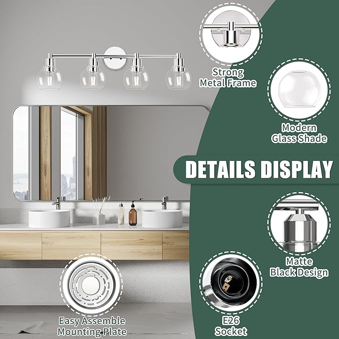 Espird 4 Lights Bathroom Vanity Light Fixtures Chrome, Bathroom Lights Over Mirror, Industrial and Farmhouse 4 Lights Wall Sconce, Polished Chrome Globe Vanity Lighting Fixtures