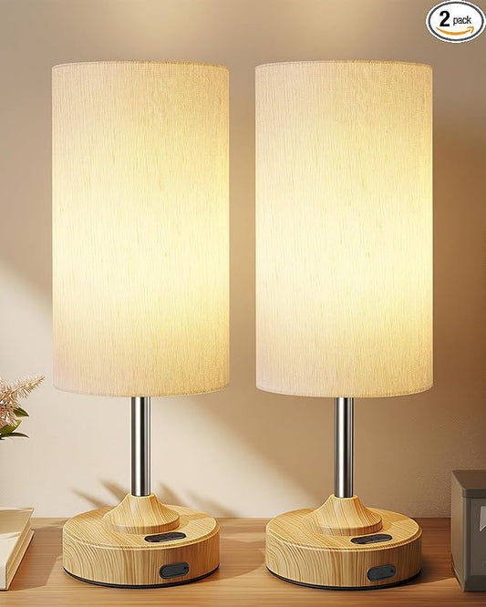 Rechargeable Table Lamp, 2-Pack, Ambient Light, Dimmable, 2700K, Timer, Touch Control, Portable, LED, Wireless, Cordless e, Battery Operated, Desk Lamp, Kitchen Lamp, Fabric Shade, Wood-Grain Finish