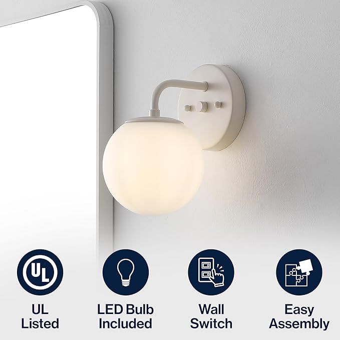 JONATHAN Y 5.75" Almond Modern Globe Wall Sconce Vanity Light for Bathroom, White 1-Light Frosted Glass Shade, Midcentury Parisian Bistro Wall Lamp, LED Bulb Included (JYL3534C)