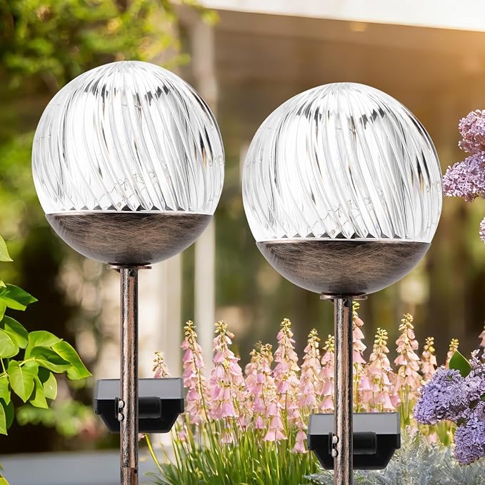 Solar Globe Stake Lights - Twinkle Effect Outdoor Acrylic Ball Garden Lights , Elegant Solar Light,Exquisite Garden Solar Balls light for Yard, Pathway, Patio, gifts for Mom (Bronze stake, 2 pack)