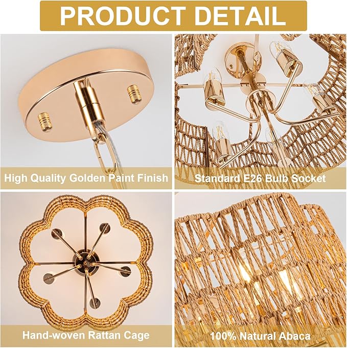 5-Light 19.6'' Convertible Rattan Chandelier - Flush Mount/Pendant Farmhouse Ceiling Light for Dining Room, Adjustable Chain & Dimmable Design