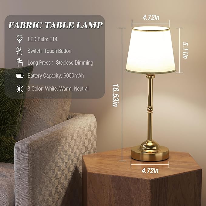 CHLORANTHUS Cordless Table Lamps, 3 Colors Stepless Dimming Fabric Desk Lamp, 6000mAh Rechargeable Battery LED Desk Lamp for Bedroom, Camping, Dining, Bar, Night Light, Desk, Cafe