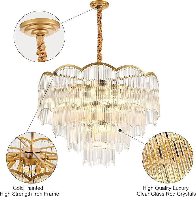 31.5" Gold Clear Glass Crystal Chandelier 18-Light Modern Crystal Pendant Ceiling Light Fixture 4-Tier Luxury Glass Chandeliers,for Dining Room Kitchen Island Living Room Bedroom