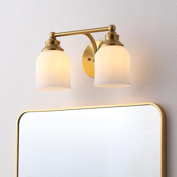 JONATHAN Y 14" Brass Gold/White Modern Farmhouse LED Vanity Light Wall Sconce Fixture, Frosted White Glass Shade, Dimmable Wall Lamp for Bathroom Mirror Kitchen Sink, UL Listed (JYL7550B)