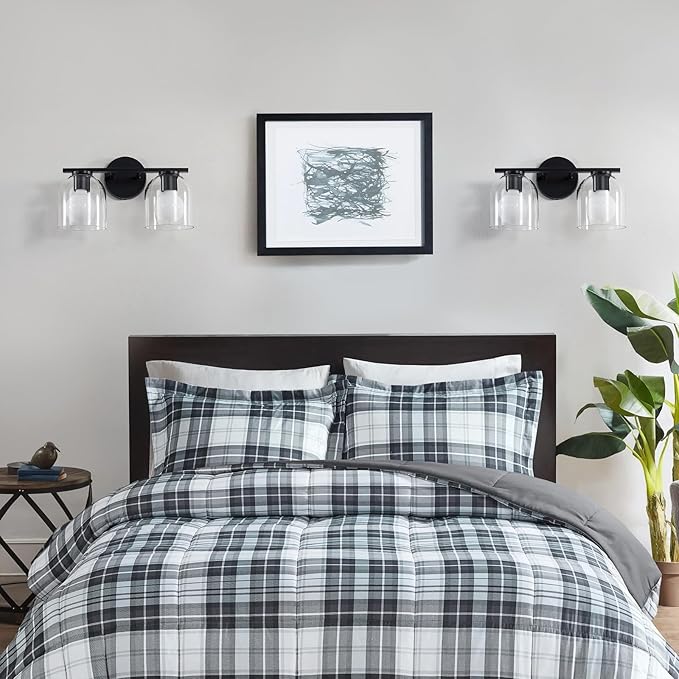 WOSHITU Bathroom Vanity Light Fixtures: 14.2 Inch Modern Black Vanity Lighting Fixtures Over Mirror with Clear Glass Shade, Matte Black 2 Light Fixtures for Bathroom Above Mirror, Wall Mount Sconces