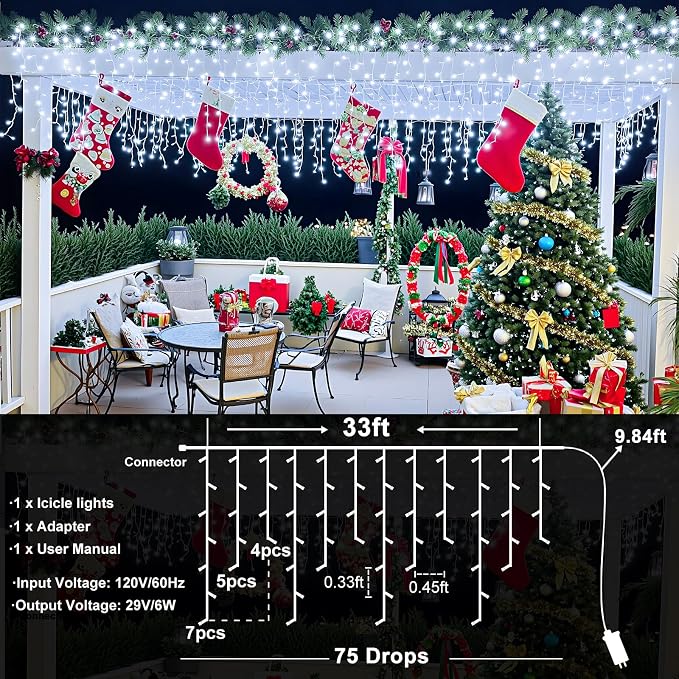 Icicle lights Outdoor - 33ft Christmas Lights with 400LED 75 Drops 8 Modes, Plug in Curtain String Lights Waterproof for Holiday Wedding Party Home Garden Bedroom Indoor Outdoor Decoration, Cool White
