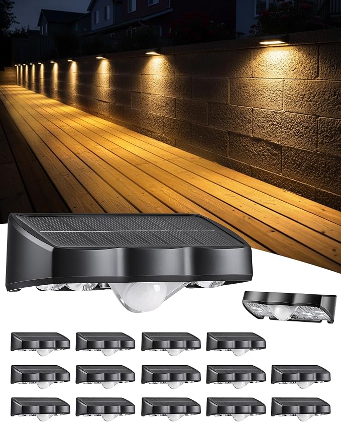 Solar Motion Sensor Fence Lights 16 Pack, 3 Modes Fence Light Solar Powered, 4 LEDs Warm White Security Wall Light Outdoor Waterproof for Garden Patio Step Yard Gate Garage Pool Wall