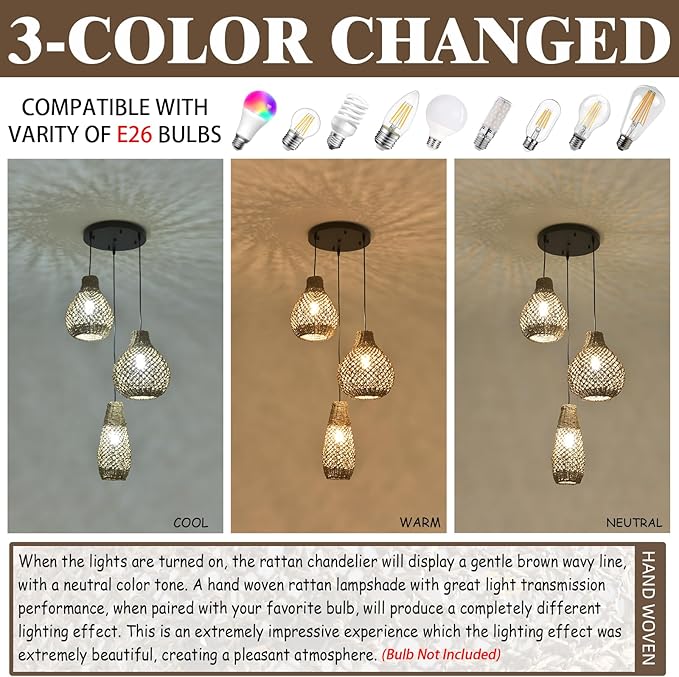 3-Lights Rattan Pendant Light Fixture,Boho Hand Woven Wicker Seagrass Farmhouse Ceiling Hanging Lighting,for Kitchen Island Dining Room, Restaurant, Hallway, Foyer,