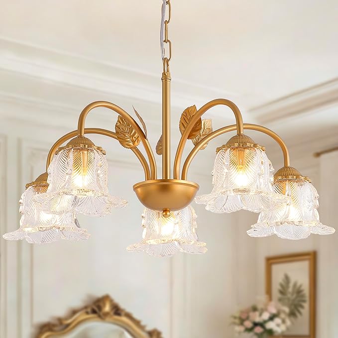 5-Light Vintage Chandeliers for Dining Room 25" Modern Gold Glass Chandelier Rustic Adjustable Pendant Light Fixture for Kitchen sland Living Room Bedroom