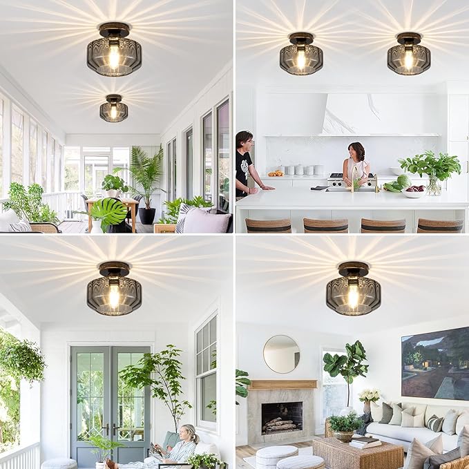 Tbaoinal Semi Flush Mount Ceiling Light Textrued Smoked Glass Shade Matal Base Inclede LED Bulb,for Kitchen/Hallway/Entryway/Bathroom for a Black Champagne Gold