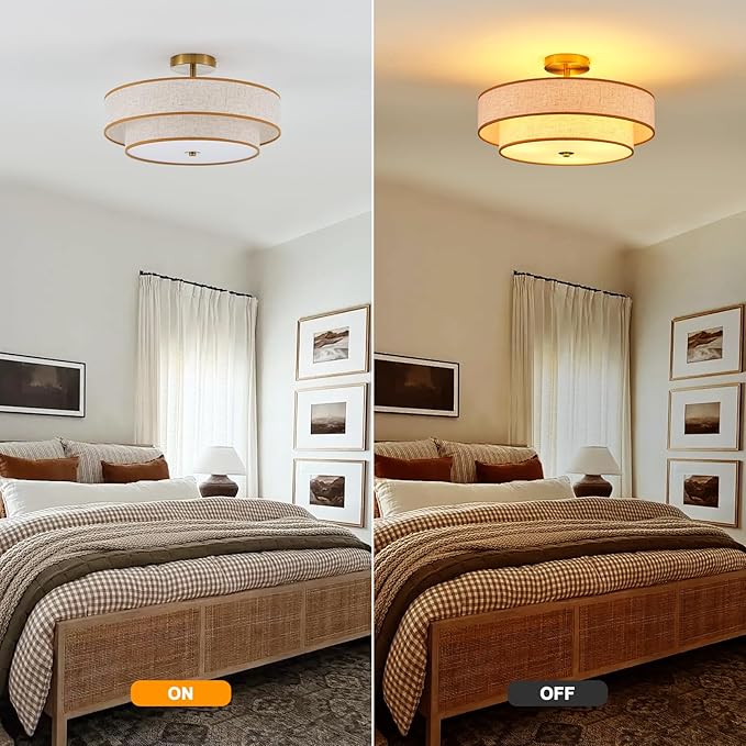 3-Light Drum Semi Flush Mount Ceiling Light, 18" Modern Gold Ceiling Lighting Fixture, Vintage 2-Tier Linen Ceiling Lighting for Living Room, Bedroom, Kitchen, Dining Room, Hallway, Entryway
