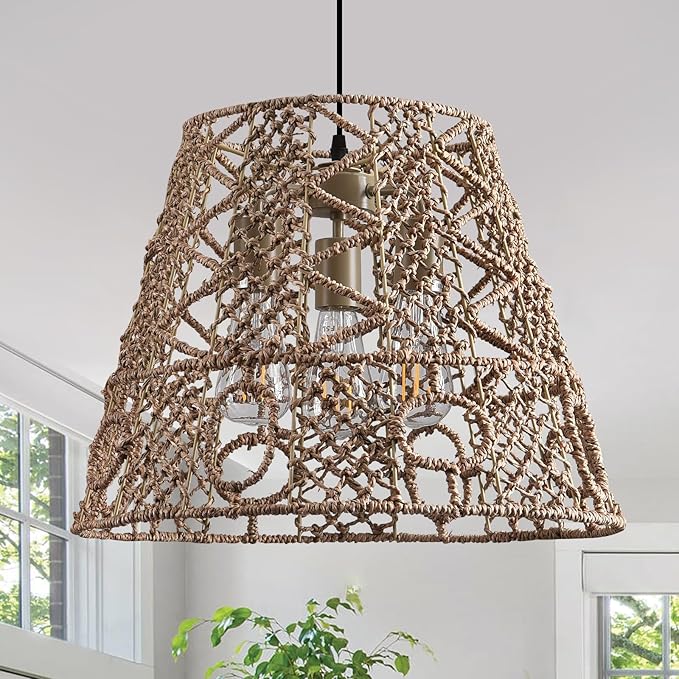 18.11" Rattan Pendant Light,Boho Hand Woven Wicker Hanging Light 3-Light Seagrass Rattan Chandelier for Dining Living Bedroom Sand Black Metal