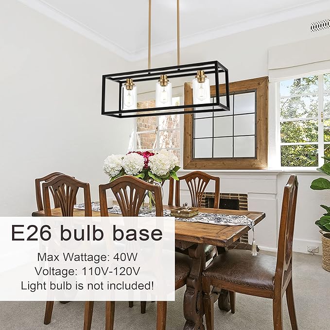 MELUCEE Dining Room Light, Island Lights for Kitchen Modern Chandeliers Rectangle Black 3 Lights, Linear Pendant Ceiling Lighting Fixture with Clear Glass Shade and Brass Socket, E26 Base