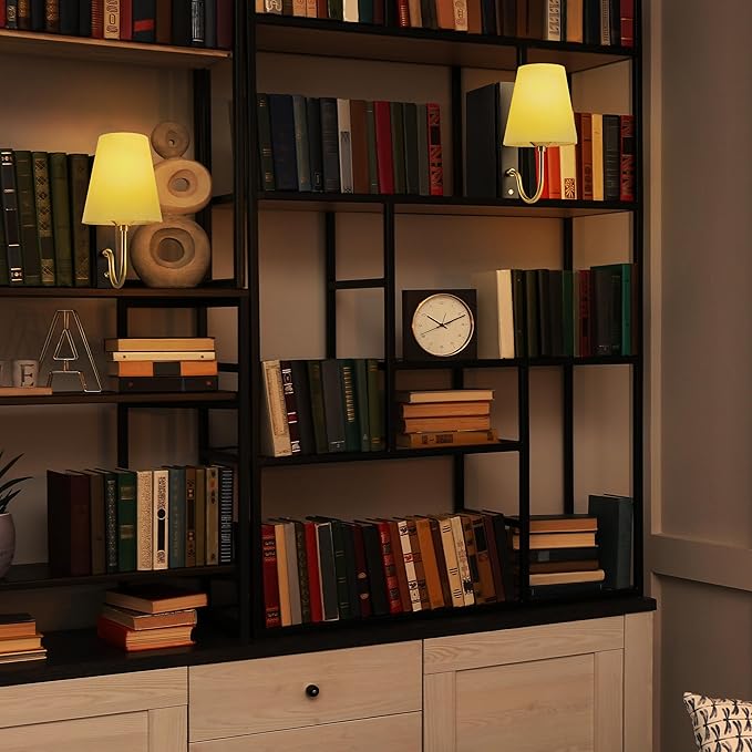 AELS Wooden Bookshelf Lamp with Bulb, Table Lamp with Linen Shade, 3-Color Dimmable Touch Control, Modern Decorative Bookend, Book Sconce for Office Home Bedroom Bookshelf, Black