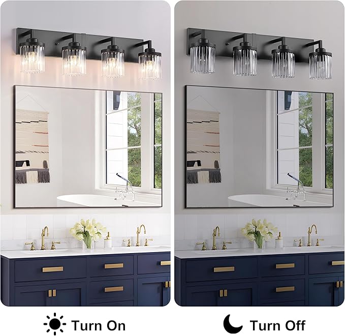 Modern Crystal Bathroom Light Fixtures, 4 Light Black Farmhouse Vanity Lights, with Crystal Glass Shade, Industrial Bathroom Lighting Fixtures Over Mirror Wall Light for Bedroom Living Room