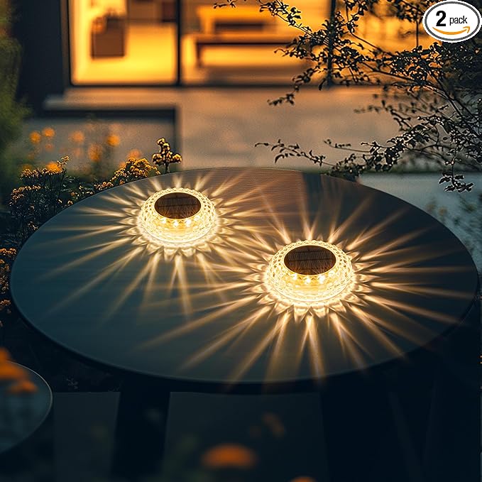 SOLPEX Solar Powered Outdoor Table Lights, Waterproof LED Disk Lights with 2 Lighting Modes, Night Light for Garden, Party, Yard, Table Decor (2 Pack)