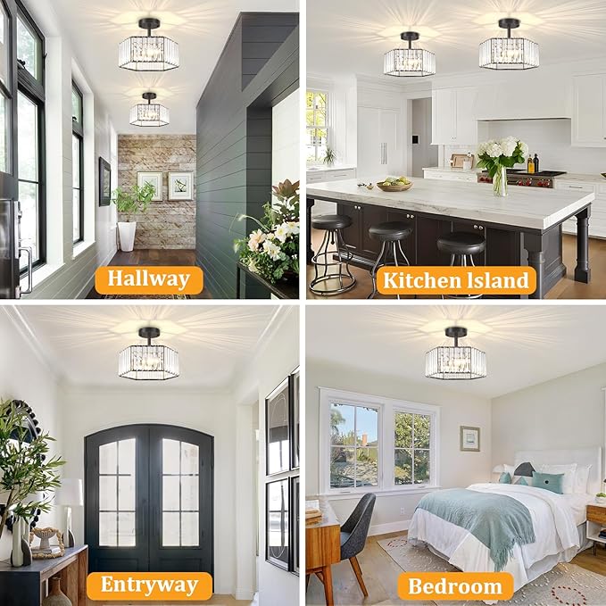 TOULMJ Modern Black Semi Flush Mount Ceiling Light, 3-Light Crystal Entryway Light Fixture Close to Ceiling Kitchen Lighting, Hallway Light Fixtures Flush Mount Chandelier for Bathroom Bedroom Foyer