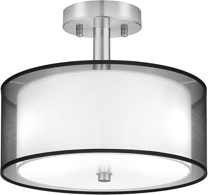 FOLKSMATE Semi Flush Mount Ceiling Light Fixture, 3-Light Drum Light with Double Fabric Shade, Modern Black Close to Ceiling Lighting for Living Room, Bedroom, Dining Room, Kitchen, Hallway, Entry