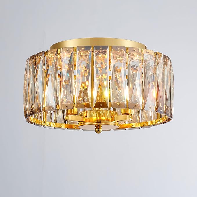 Crystal Ceiling Light, 3-Light Modern Flushmount Ceiling Light for Living Room, Dinning Room Hallway, D12xH9inch, Gold Finish Frame & Champagne K9 Crystal