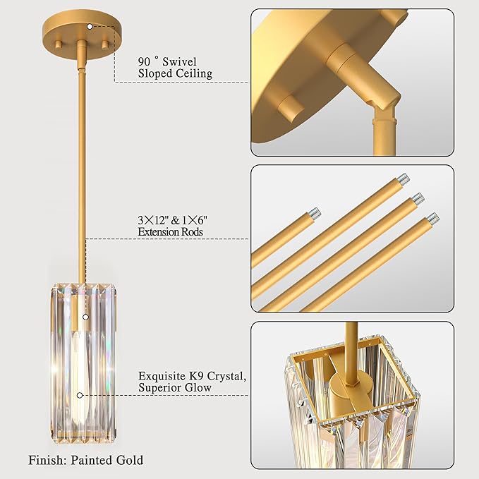 Crystal Pendant Lights for Kitchen Island - 10" Gold Adjustable Chandelier, Dimmable E26 Hanging Fixture, Modern Lighting for Dining 3pcs