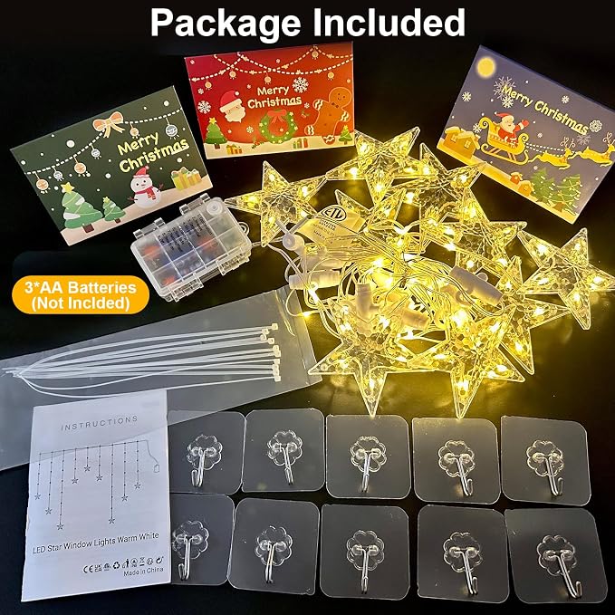 GLOONITY Fairy Lights for Festive Decoration, LED String Lights, IP65 Waterproof 9 Stars Curtain Lights Battery Operated with Timer 8 Mode, Warm White LED Lamps for Outdoor Use