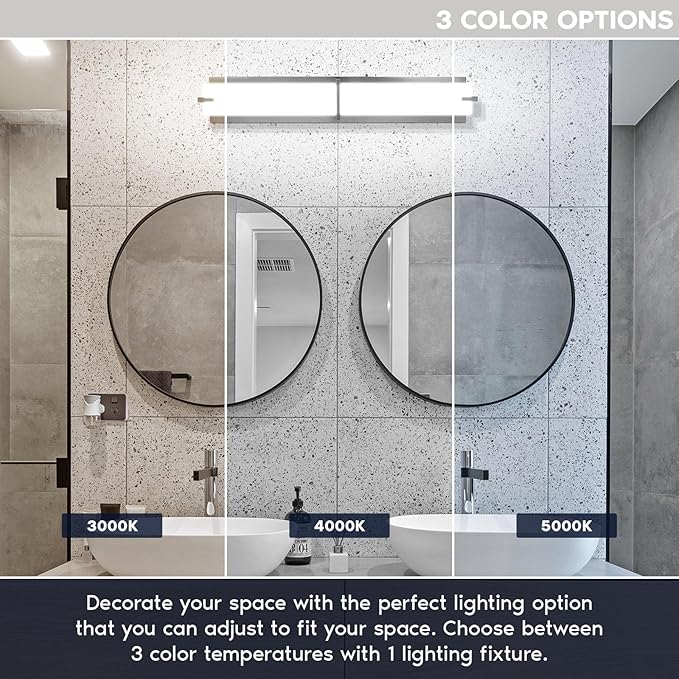 LUXRITE 24 Inch LED Vanity Lights Brushed Nickel Bathroom Light Fixtures 3CCT Selectable 3000K 4000K 5000K Modern Vanity Light Bar Over Mirror 25W 1750 Lumens Dimmable Damp Rated ETL Listed