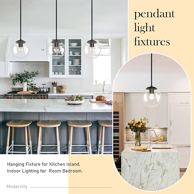 Bagood 8 Inch Black Mid Century Pendant Light Globe Clear Glass Fixture Lights Kitchen Island Globe Pendant Light Mid Century Adjustable Hanging Farmhouse Lights Fixtures for Kitchen Island