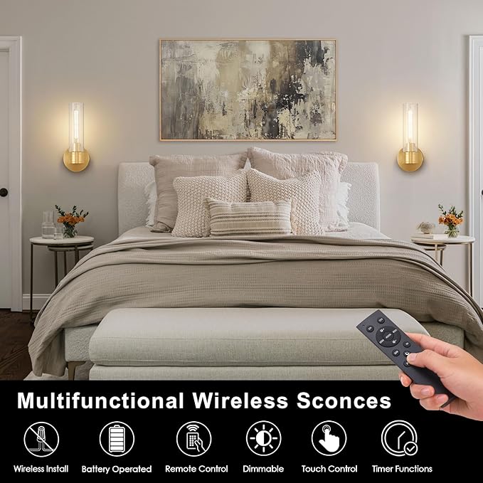 Brushed Gold Wireless Wall Sconce Set of 2, 12000 mAh Battery Operated Wall Lights with Remote Control, Rechargeable Dimmable Wall Lamps for Bedroom Bathroom Living Room Hallway Stairwell, 3000K