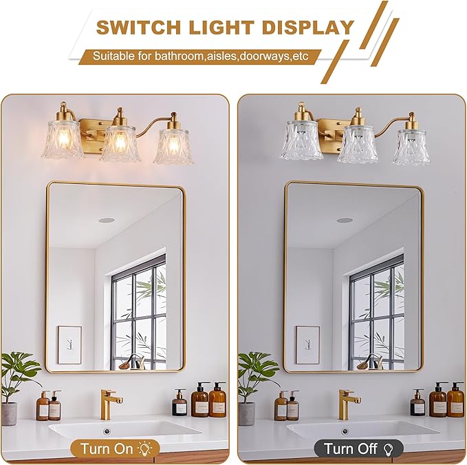 22" Gold Bathroom Light Fixture, 3 Light Brass Vintage Vanity Light, Antique Gold Finish with Crystal Glass Shade, Suit for Bathroom, Bedroom or Hallway
