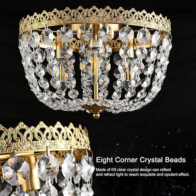 Crystal Flush Mount Ceiling Light Fixture 3 Lights French Empire Chandeliers Lighting for Dining Living Room Foyer Kitchen Bedroom Hallway Entryway,Brushed Brass Finish,W12.6 inch X H8.27inch