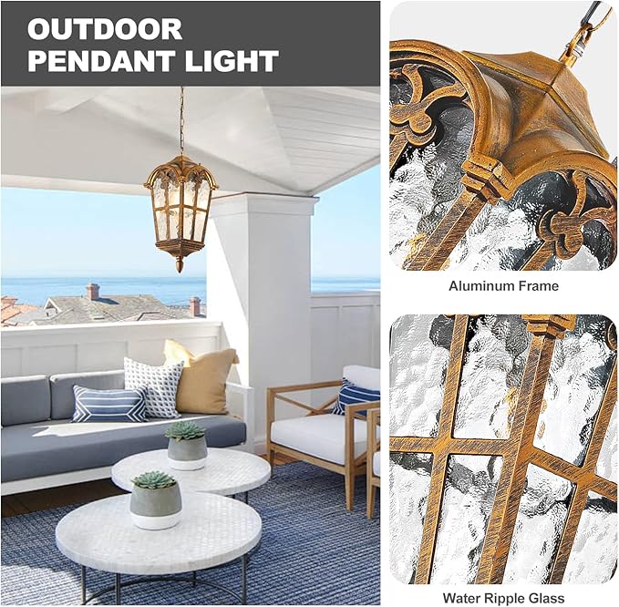 Dusk to Dawn Outdoor Pendant Lights for Porch Patio Garden Yard, Anti-Rust Aluminium Exterior Hanging Light Fixtures, Height Adjustable Gold Outside Hanging Ceiling Hallway Pendant Lamp