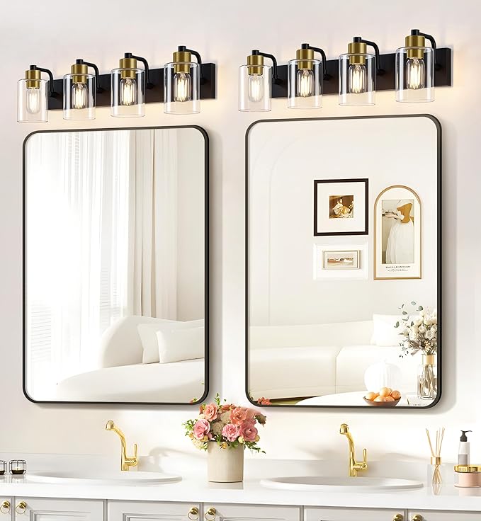 Dpyrrhic Bathroom Light Fixtures,Matte Black and Gold 4-Light Bathroom Lights with Clear Glass Shade,Modern Wall Sconces Over Mirror for Bathroom