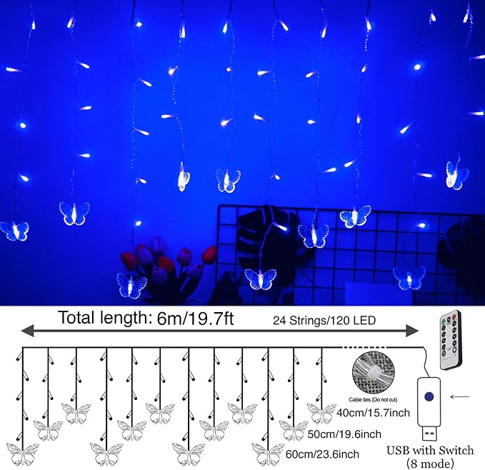 Butterfly Curtain Fairy Lights USB Plug in,8 Modes 120 LED 19.7FT Firefly Twinkle Timer String Lights with Remote, Waterproof Copper Wire for Bedroom Patio Christmas Wedding Party Dorm (Blue)